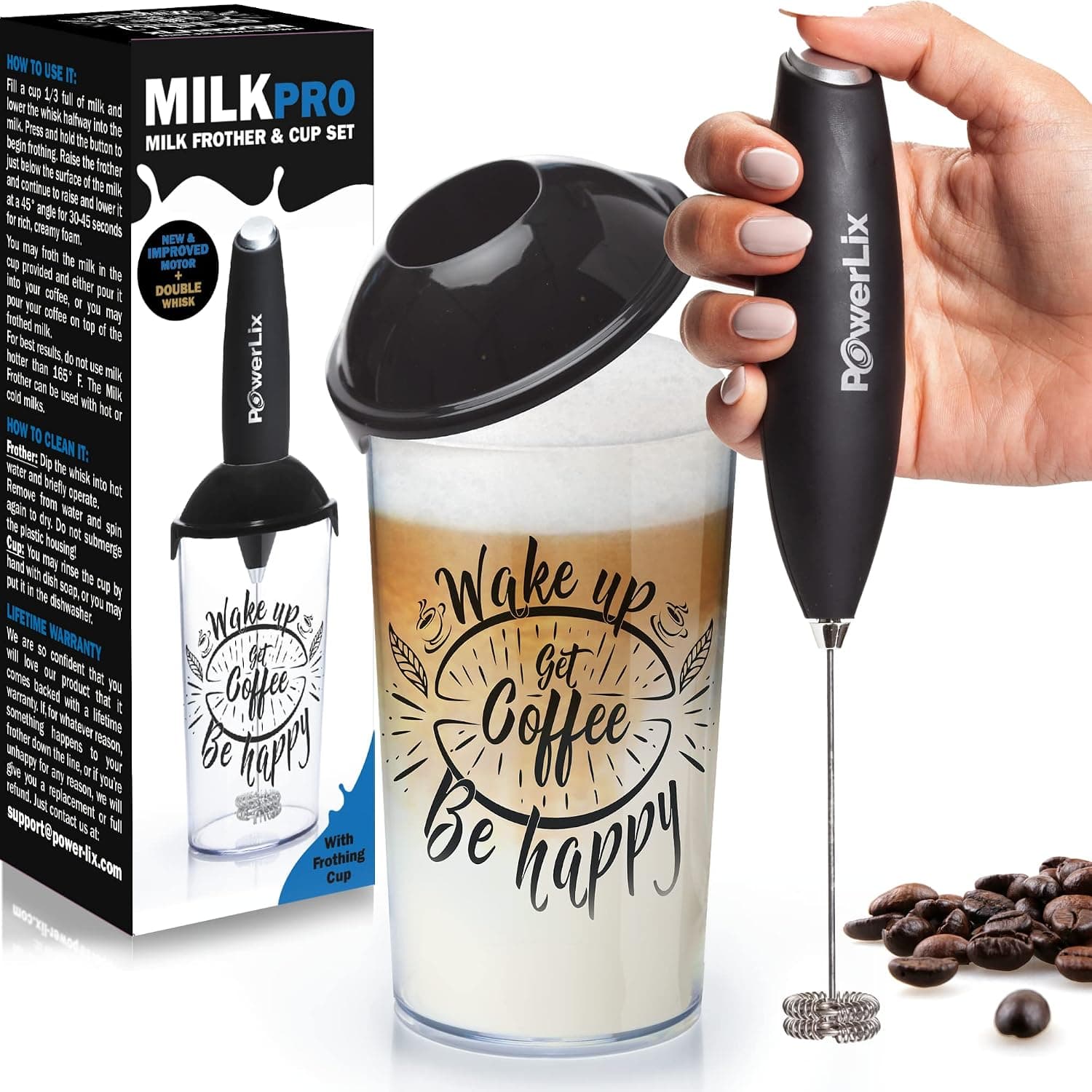 PowerLix handheld electric milk frother with cup